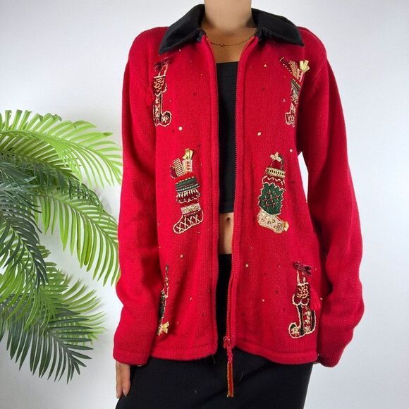 Vintage 90s Red Holiday Grandma Ugly Christmas Sweater Oversized Jacket / Small - Picture 3 of 7